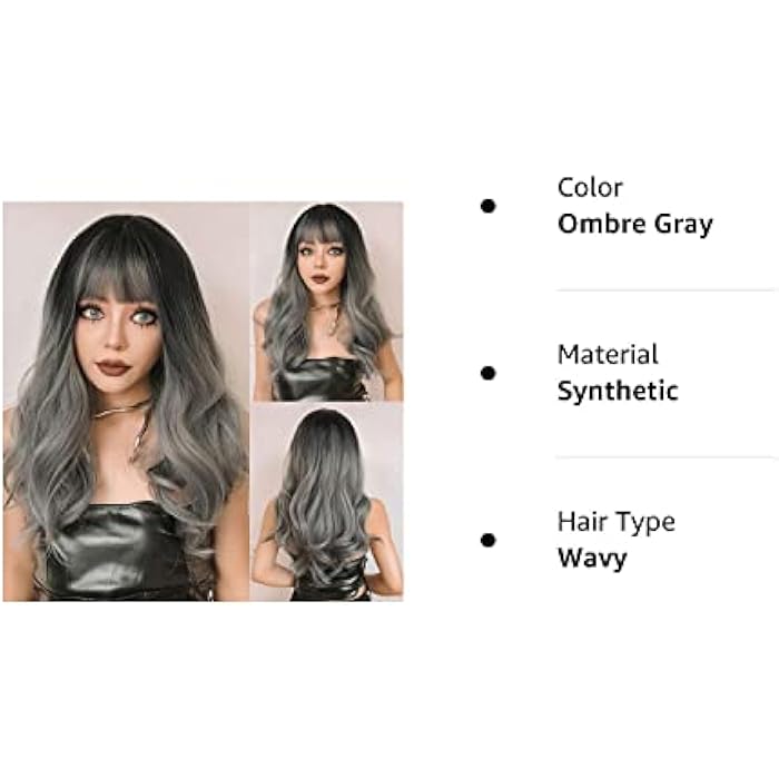 DILLARDS Long Wavy Synthetic Wig, 24 Inch Black Ombre Gray Wigs For Women, Wig With Bangs Natural Looking Heat Resistant Hair For Party Daily Use - Image 5